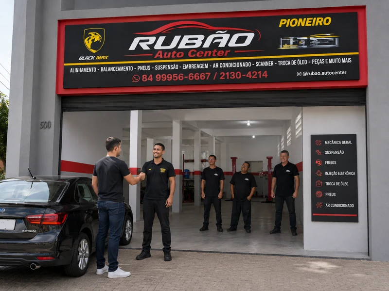 Fachada do Rubão Auto Center com a equipe